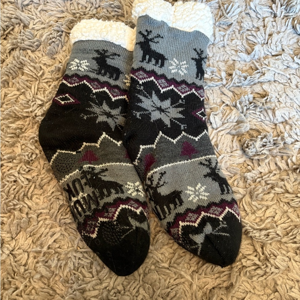 Cozy Black and Gray Socks with Reindeer Pattern muk luk